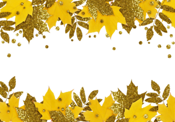 Yellow and golden autumn leaves and glitter drops in a seasonal borders isolated on white or transparent background