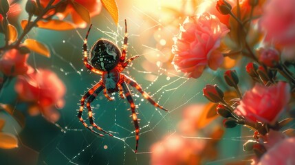 Spider dangling from a thread amidst vibrant flowers, creating a captivating contrast between the elegance of the spider and the blossoms, in a sunlit garden
