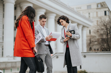 A group of professional lawyers in discussion outside a courthouse, holding legal documents and...