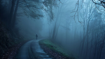 A serene solo ride through a misty mountain forest at dawn. - obrazy, fototapety, plakaty