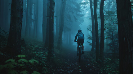 A serene solo ride through a misty mountain forest at dawn.