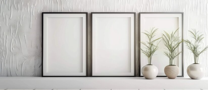 Design of three empty frames on white textured wallpaper for interior design.