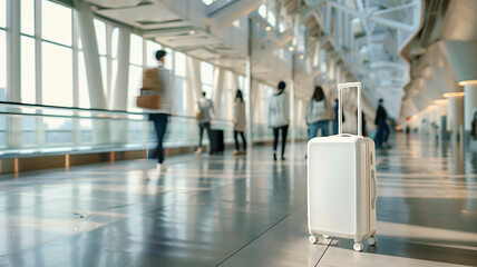 Blank plain White luggage suitcase bag mock up isolated in airport hallway, travel and adventure concept, template, copy space area, background