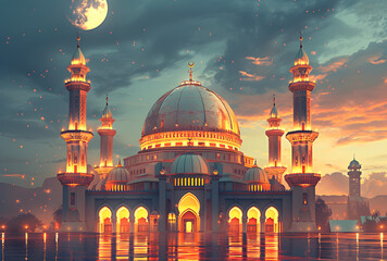 Illustration of Ramadan background with mosque and star moon ornament - obrazy, fototapety, plakaty