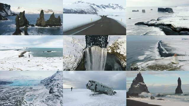 Diverse collection of videos from Iceland. Video of waterfalls, glaciers, hot springs and friends traveling through Iceland at winter in famous places. Creative diverse collection video storyboard