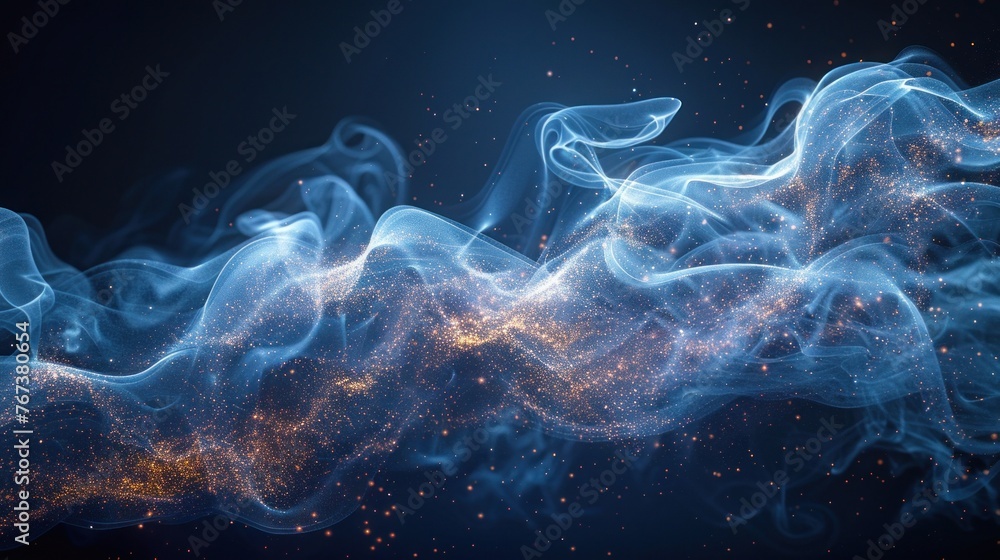 Poster blue and orange glowing particles form an abstract wave pattern on a black background.
