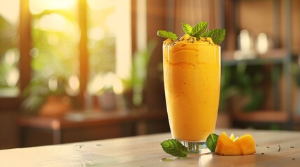 Smoothie from fresh tropical fruits on the background of a blurred kitchen