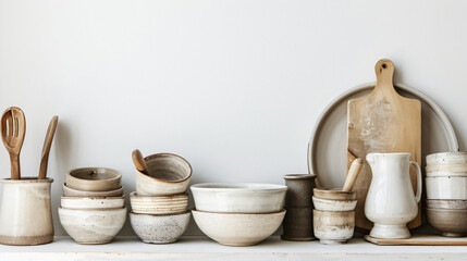 Fototapeta na wymiar A set of ceramic kitchenware neatly arranged against a white backdrop.