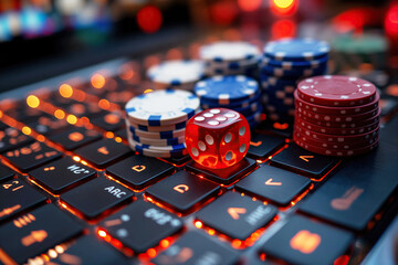 playing chips and dice for bet on laptop keyboard. Concept of gambling card games in an online casino - obrazy, fototapety, plakaty