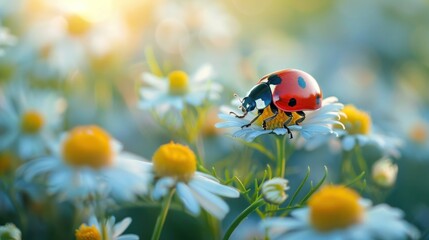 Spring Garden Visitor: Ladybug on Camomile Flower Stem - Summer Insect Wildlife