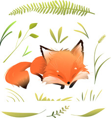 Cute fox character sleeping in the forest. Illustrated sleepy animal character for kids with nature elements. Isolated vector fox clipart collection for children in watercolor style. - 767380696