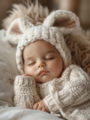A child in a white knitted hat with rabbit ears and a sweater sleeps on the bed.