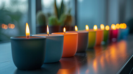A set of scented candles with a range of calming fragrances. - obrazy, fototapety, plakaty