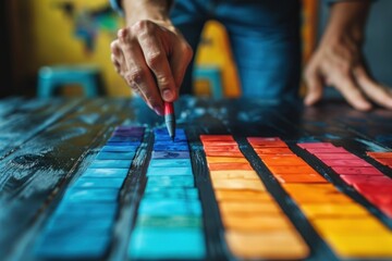 Paint swatches on a wooden table with a paintbrush selecting a color