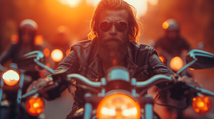 Against the backdrop of a fiery sunset, a group of bikers rev their engines in anticipation of an epic road trip. As they set off into the unknown, their spirits soar with exciteme - obrazy, fototapety, plakaty