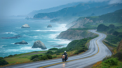 On a coastal highway flanked by towering cliffs and crashing waves, a biker speeds towards the horizon, the salty sea breeze whipping through their hair. As they lean into each cur - obrazy, fototapety, plakaty