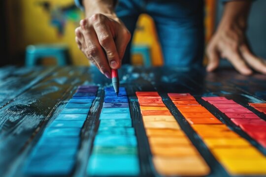 Paint swatches on a wooden table with a paintbrush selecting a color