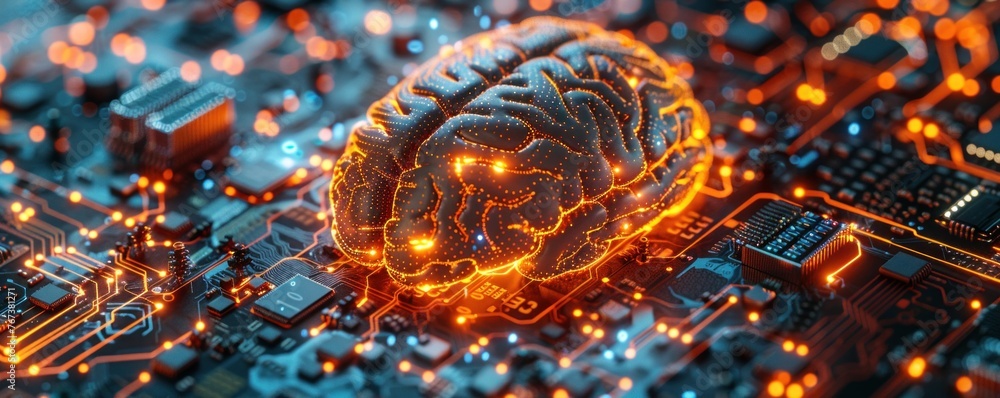 Poster digital brain integrated circuit board with intricate electronic pathways and advanced technology