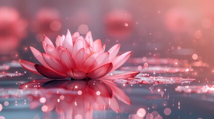Serene Pink Lotus Blossom Floating on Calm Water - Tranquil Natural Beauty - obrazy, fototapety, plakaty