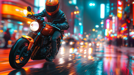 In the heart of a vibrant metropolis, a biker revs their engine at a crowded intersection, the neon lights and bustling crowds a blur of motion around them. With the city as their