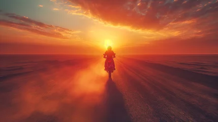 Tuinposter On a remote desert highway, a lone biker races towards the horizon, the setting sun casting long shadows across the barren landscape. With nothing but the open road ahead and the p © Наталья Евтехова