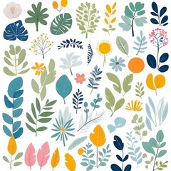 A collection of seamless pattern, colorful abstract plants and flowers. Hand drawn Collection of leaves and flowers. A close up of a pattern of flowers and leaves.
