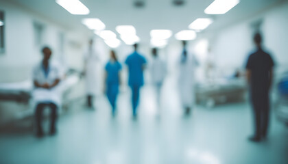 Futuristic Healthcare Meeting: Defocused Figures of Medical Experts Discussing in Hospital Hallway - Illustrating Innovation and Collaboration in Medicine - Abstract Background