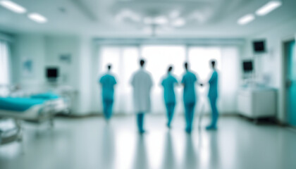 Hospital Collaboration: Blurred Silhouettes of Medical Team Walking - Reflecting Dedication and Professionalism in Healthcare Environments - Doctor in Hospital Corridor - Abstract Background