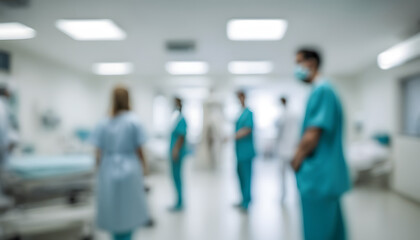 Medical Team Discussion: Blurred Silhouettes of Professionals in Hospital Hallway - Illustrating Collaboration and Innovation in Healthcare Practices. Doctor in Hospital Corridor - Abstract Background