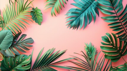 Fototapeta na wymiar Summer Vibes: Top View of Tropical Palm Leaves on Pink Paper Background