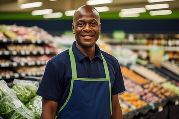 Fototapeta premium Fresh Service with a Smile: Friendly Grocery Staff in Produce Section