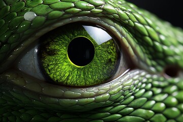 Close-up of a vibrant green snake. captivating intricate details and mesmerizing gaze - obrazy, fototapety, plakaty