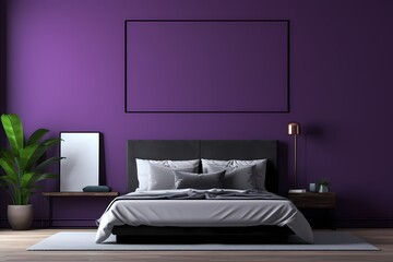 A contemporary bedroom with a dark bed, highlighting an empty mockup frame on a vibrant purple wall. 8k,