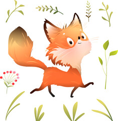 Funny cute fox walking in the forest. Illustrated hilarious character for kids. Fox cartoon and forest nature leaves and grass elements. Isolated vector clipart for children in watercolor style. - 767381821