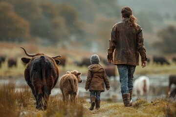 Scenic view of a family walking with cows on a misty farm in the early morning hours - obrazy, fototapety, plakaty