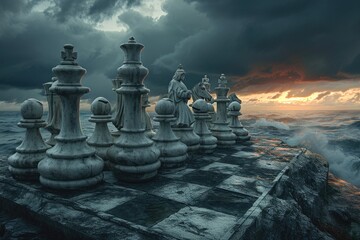 Creative chess: captivating journey through imaginative compositions, artistic arrangements, strategic brilliance, exploring boundless realm where creativity converges with the timeless game of kings. - obrazy, fototapety, plakaty