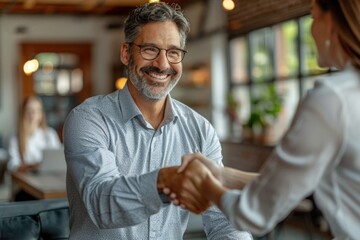 Businessman in a suit shaking hands with a woman in a cafe with blurred background