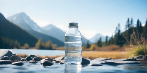 Bottle and glass of pouring crystal water against blurred nature snow mountain landscape background. Organic pure natural water. Healthy refreshing drink - obrazy, fototapety, plakaty