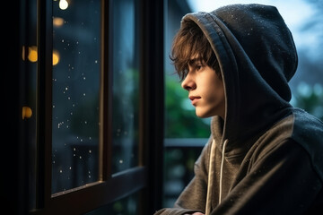 Young boy in a hoodie looking out a rainy window, contemplative and moody