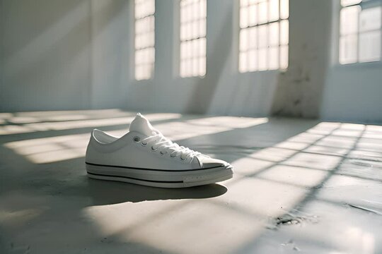 a pair of white sneakers sitting on top of a floor