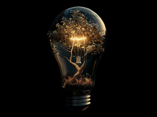 an environmental light bulb filled with leaves and a tree, in the style of technological marvels, subtle lighting contrasts, earthy elegance, nature-inspired imagery