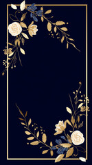 Classic Floral Frame in Navy and Gold, Elegant Border Design for Cards with Copy Space