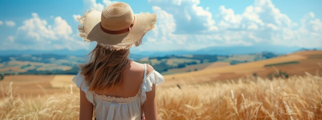  Woman with a sun hat gazing at a summer landscape wanderlust - obrazy, fototapety, plakaty
