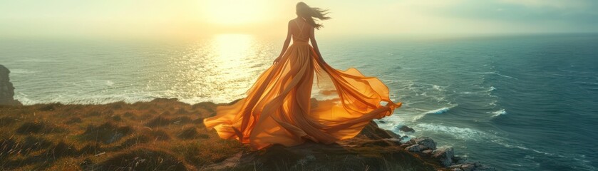  Woman in a flowing dress on a windy summer cliff dramatic and elegant