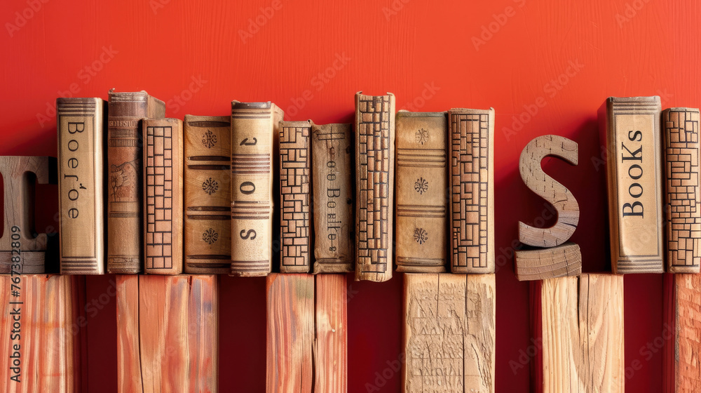 Poster the image shows a stack of books on a solid colored background. it features a simple yet striking de