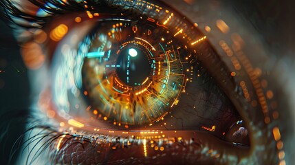 Close-up of a digital eye with futuristic UI overlays, reflecting a high-tech cyber world