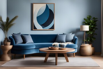 curved sofa with blue cushions and round rustic wood coffee table against stucco wall with poster. interior design of modern living room