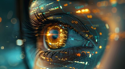 Close-up of a digital eye with futuristic UI overlays, reflecting a high-tech cyber world - obrazy, fototapety, plakaty