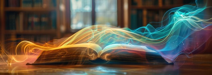 Medium shot of an ancient book casting colorful holographic soundwaves in a modern study - obrazy, fototapety, plakaty