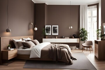 luxury studio apartment with a free layout in a loft style in dark colors. Stylish modern, cozy bedroom area with fireplace.
